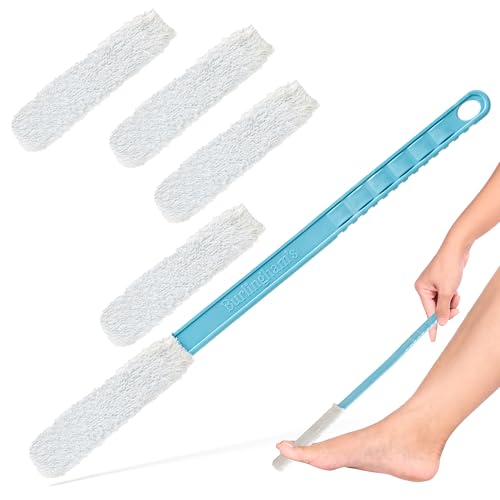 Burlingham's Toe and Foot Towel Brush with Reusable Drying Covers Long 17” Handle for Cleaning Between Toes, Soft Skin Exfoliation,for Seniors, Adults, or Kids, 5 Washable Cloth (Aqua Blue) - color: Aqua Blue