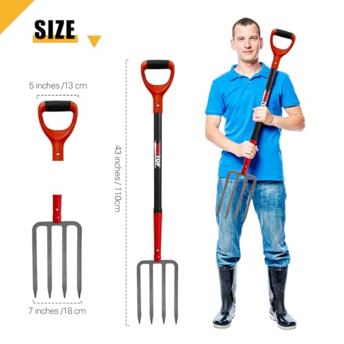4-Tine Pitch Fork Garden Digging Fork with Fiberglass Handle 43 in | Heavy Duty Full Forged Steel Fork Head,Sturdy Fiberglass Handle,Spading Fork, Pitchfork, For Gardening, For Digging Potato