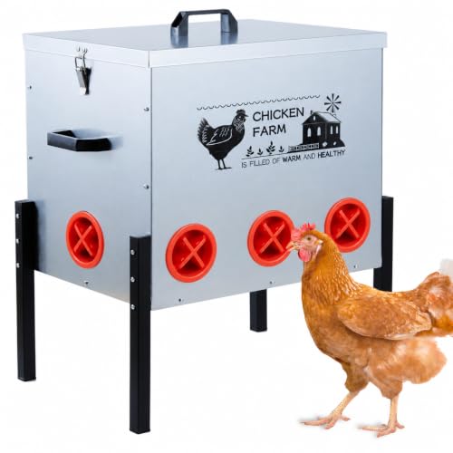 Automatic Chicken Feeder Box 50 lbs, 8 Feeding Ports, No Waste Poultry Feeder with Locking Lid and Adjustable Legs for Chickens, Ducks, Geese Galvanized Metal (50 Lbs-8 Ports) - size: 50 Lbs-8 Ports