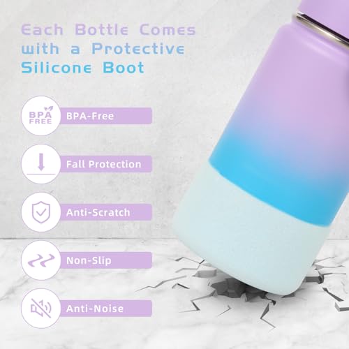 Volhoply 14oz KIds Stainless Steel Insulated Leakproof Water Bottle with Straw Lid and Silicone Boot,BPA-Free Easy Use for Boys&Girls,Double Wall Vacuum Bottles(Lavender Blue,1) - color: Lavender Blue