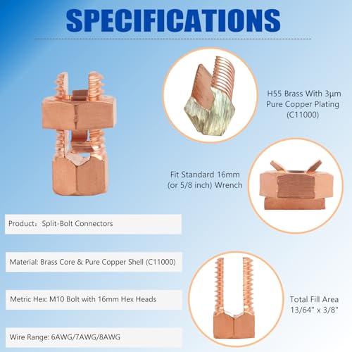 Split Bolt Connectors 16-Pack, Copper Grounding Clamps for 4-8 AWG Wire, Solid Brass Core & Pure Copper Shell for Electric Fence, Solar Panel, Grounding Applications (TJ16)