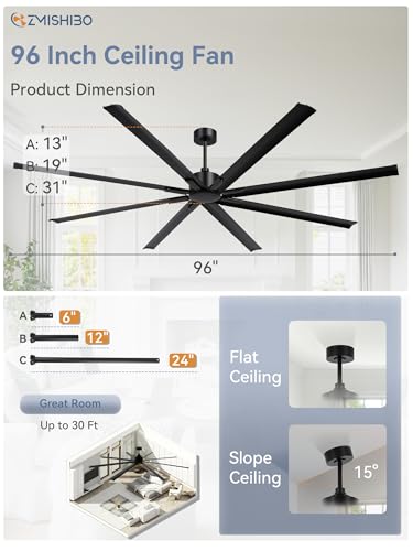 ZMISHIBO 96 Inch Industrial Ceiling Fan without Light, 8 Aluminum Blades | DC Motor, Damp Rated, 6 Speeds, Remote Control, 3 Downrods, Flat/Sloped Ceiling, Commercial, Farmhouse, Garage, Warehouse - color: Black, size: 96inch