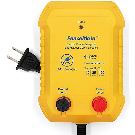 FenceMate AC Powered Electric Fence Charger Output 1J up to 25 Miles | to Contain Livestock, Poultry, Low Impedance Fencer to Protect Homestead, Garden, Pond, Orchard,Fence Energizer Peak 10 kV