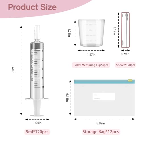 120 Sets 5ml Colostrum Collector Kit Include No Needle Colostrum Syringes with Caps 1mlx120, Stickerx120, 20ml Measuring Cupx4, Ziplock Storage Bagx12 for Breastmilk Collector - size: 120pcs-5ml