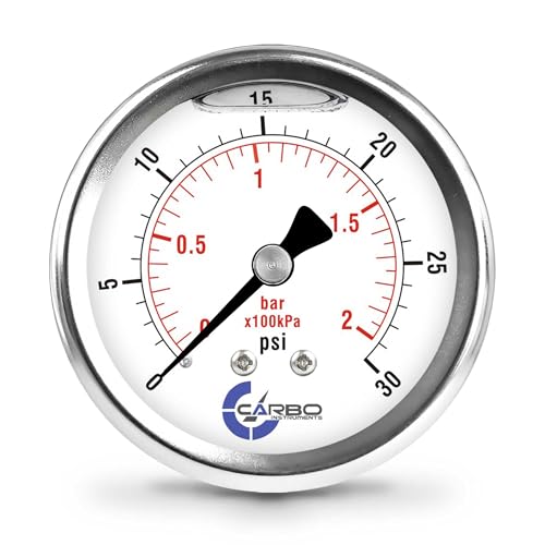30 PSI Glycerin Liquid Filled Pressure Gauge, 2.5" Dial, 1/4 NPT Back Mount, 304 Stainless Steel Case, Brass Wetted Parts, Dual Scale PSI/Bar - ASME B40.1 Grade A - size: 0-30 PSI, style: STANDARD