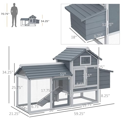 PawHut Grey Small Solid Wood In Ground Poultry Cage with 2 Doors, Nesting Box and Removable Tray D51-108GY | Hen House Poultry Cage, 2 Doors, Nesting Box, Removable Tray - color: Gray