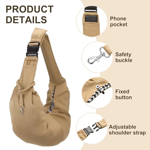 Dog Sling Carrier for Small Dogs and Cats Up to 16.5 Lbs, Adjustable Buckle with Pocket Pet Sling Carrier Safety Harness, (Khaki, 1 Pcs) Intended for Outdoor/Camp/Travel - color: Khaki