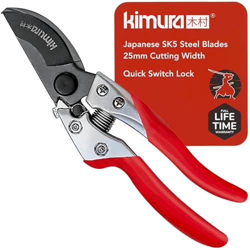 Kimura® 8" Pro Bypass Pruning Shears, Heavy Duty Japanese SK5 Steel Blades, 1 inch Cut Capacity, Non-Slip PVC Coated Handles, Lightweight & Ergonomic, Japanese Pruners, Professional Garden Clippers - size: 8"