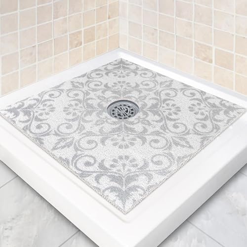 Square Shower Mat Non Slip: 36 x 36 Inch Extra Large Shower Mats with Drain Hole in Middle - PVC Loofah Anti Slip Shower Floor Matt for Inside Shower - color: Geometric Line, size: 36" x 36" (Square)