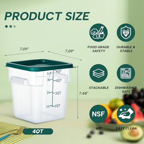4 Pack 4QT Square Food Storage Containers with Lids | Clear NSF polycarbonate containers with scale, label and measuring cup, stackable for prep, storage, freezer. Dishwasher safe - color: 4Qt