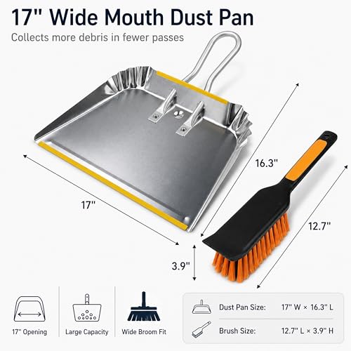17" Heavy Duty Metal Dust Pan with Brush Set | Large Wide Mouth Dustpan with Stiff Bristle Cleaning Brush for Garage, Wood Stove, Workshop and Outdoor Cleanup, Silver - size: 1 Count (Pack of 1) with Brush
