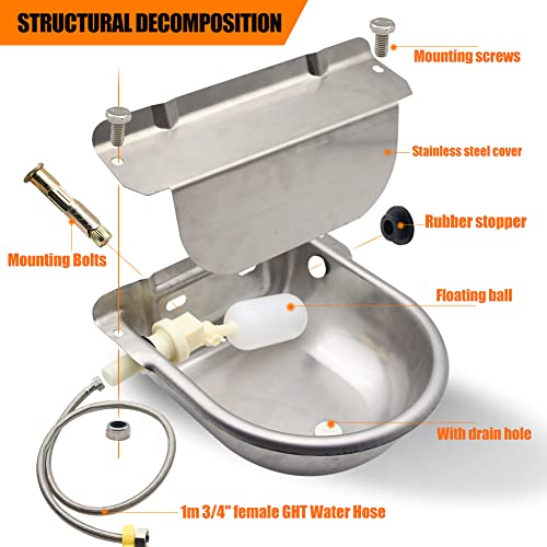 Automatic Livestock Water Bowl Float Valve Self-Filling Dog Goat Chicken | 304 Stainless Steel Animal Waterer Auto Refill, Horse Pig Cow Sheep Cat, Drainage, 3/4" GHT Hose & Mounting Bolts, Farm Ranch