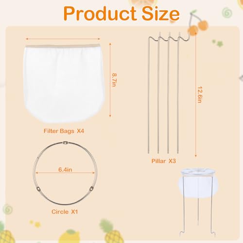 Jelly Strainer Stand with 4 Reusable Straining Bags, Stainless Steel Strainer Stand with Replacement Strainer Bags for Straining Juice Yogurt Cheese Broth Nut Milk