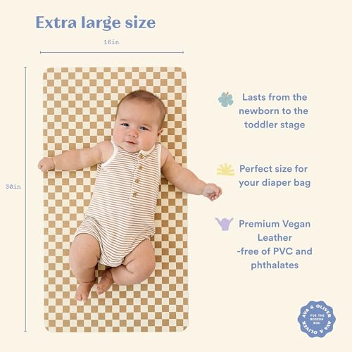 Vegan Leather Baby Changing Mat 16x30in, Wipeable, Foldable, Mocha Checker | Wipeable vegan leather changing mat folds compact for travel, portable multipurpose 16x30in - color: Mocha Checker