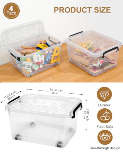 NUMIFUN 15QT Storage Bins with lids, Stackable Space Saver for Family | 4-pack BPA-free plastic boxes with secure latches. Deep recessed lids ensure safe stacking for closet & garage storage. - color: 15QT Clear Black