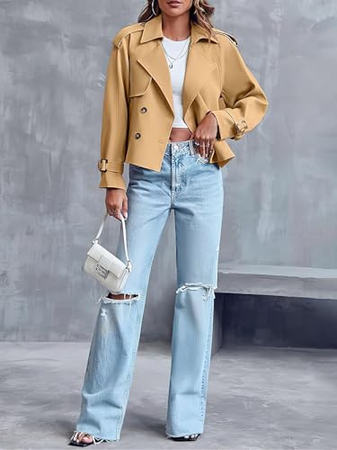 ebossy Women's Double Breasted Short Duster Trench Coat Lapel Loose Windproof Cropped Jacket Coat with Pockets - color: Khaki, size: XX-Large