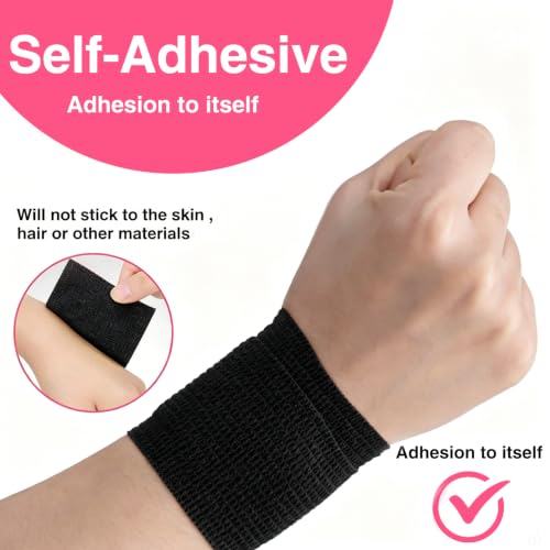 Self Adhesive Bandage Wrap, 2" X 5 Yards Elastic Cohesive Bandage Wrap, Color Athletic Tape, Vet Wrap, Ankle Tape,Non-Woven Cohesive Bandage 16Rolls，Black - color: Black