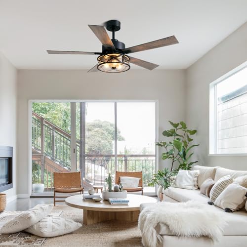 Farmhouse Ceiling Fan with Lights 52 Inch Caged | Bubble glass shade farmhouse fandelier with walnut blades, quiet DC motor, remote, 6 speeds, timer for stylish living spaces - size: 52 Inch - Walnut