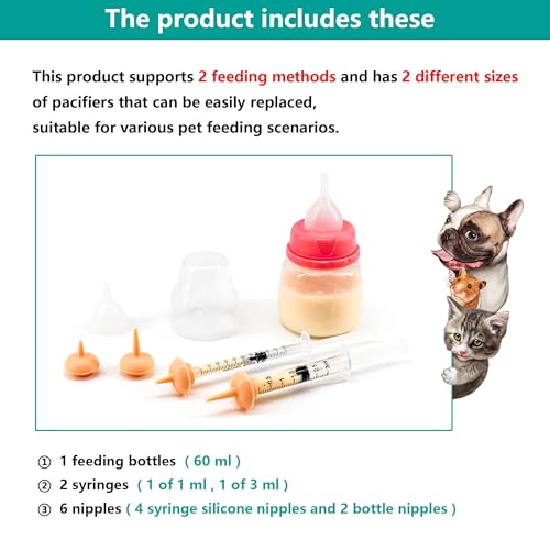 Pet Feeding Bottle and Syringe Set for Puppies and Kittens(1 Bottles,2 Syringes,6 Nipples) Pink - color: Pink