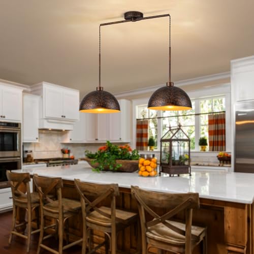 2 Light Copper Dome Pendant Lights Kitchen Island | Adjustable Height, E26 Base, Easy to Install, Farmhouse & Industrial for Dining Room Over Table Bedroom Kitchen - color: Copper-2 Lights