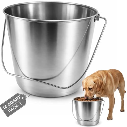 16 Quart Heavy Duty Stainless Steel Round Bucket with Arc-Shaped Handle, Metal Feed & Water Pail for Dogs, Horses, Livestock, Farm, Barn, Stable & Kennel - size: 16 Quart