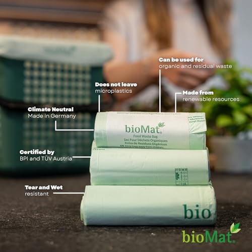bioMat 13 Gallon Compostable Food Scrap Bags, 20 Count | BPI, CMA and OK Compost HOME certified, Meets the ASTM D6400 Standard, Tall Flat Top Bin Liners for Kitchen Food Waste Bin - size: 10 Count (Pack of 2), style: 13 Gallon