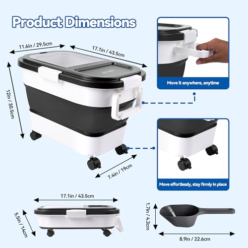 Dog Food Storage Container 20-25lbs, Airtight Pet Food Bin with Locking Lid & Clear Window, Collapsible Rolling Storage Container with Wheels and Scoop, Black - color: Black-M