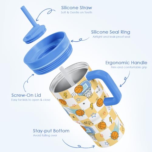 SANDJEST Basketball Stainless Steel Tumbler 20oz with Handle and Silicone Straw Locking Lid for Kids Boys Girls, Birthday Christmas Back to School - color: Basketball