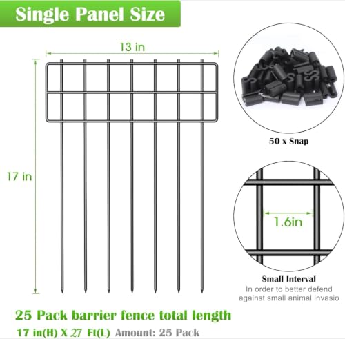 Animal Barrier Fence, 17 in(H) X 27 Ft(L) No Dig Garden Decorative Fencing | 25 Pack,Iron Wire,RustProof,Animal Barrier for Dog Rabbits - size: 17'' (H) X 27' (L)