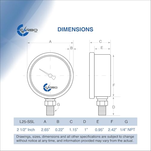 15 PSI Glycerin Liquid Filled Pressure Gauge, 2.5" Dial, 1/4 NPT Lower Mount, 304 Stainless Steel Case, Brass Wetted Parts, Dual Scale PSI/Bar - ASME B40.1 Grade A - size: 0-15 Psi, style: STANDARD