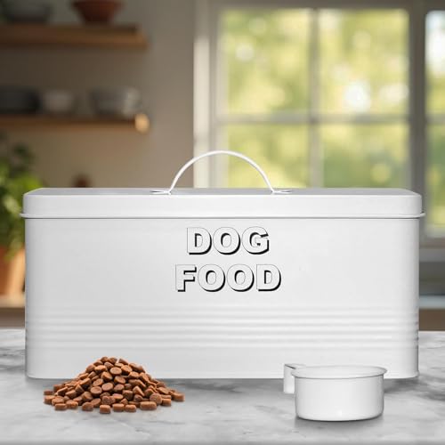 Plexon Metal Dog Food Storage Container with Scoop - Small Dog Food Container 10lbs Holder Treat Jar Bin with Lid - Pet Chow Storage Canister Tin, 2 Gallon, White - color: White, 2 Gall Capacity