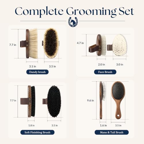 Premium Horse Brushes Set (4 Pieces) - Essential Equine Care Set with Beechwood Brushes, Natural Bristles, and Handcrafted Leather Bag - Luxury Gift for Horse Riders and Owners