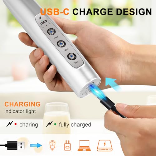 YUSWKO Handheld Milk Frother Wand for Coffee, Rechargeable Electric Whisk with 3 Heads 3 Speeds Drink Mixer Coffee Frother For Latte, Cappuccino, Hot Chocolate, Egg, Silver