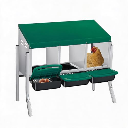 PrecisionAuto Chicken Nesting Box, 3 Compartment with Support Legs Automatic Roll Away Egg Collection, Ventilated Galvanized Steel, Wall Mount or Freestanding Hen Coop Accessory, Green - color: Green