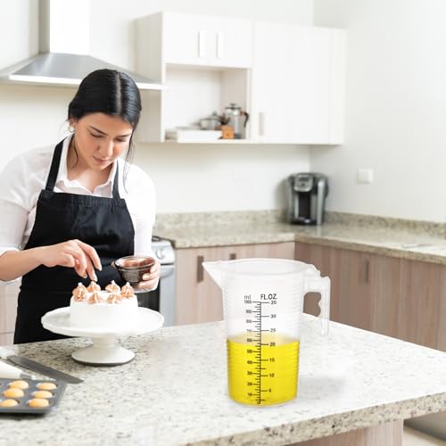 QWORK 2 Pack 32oz (1 Quart) Measuring Pitcher - Plastic, Multipurpose, Polypropylene, with Clear Ounce & Milliliter Markings, Dustproof Lid, for Cooking, Home Hobbies, Shop Oil and Fluids