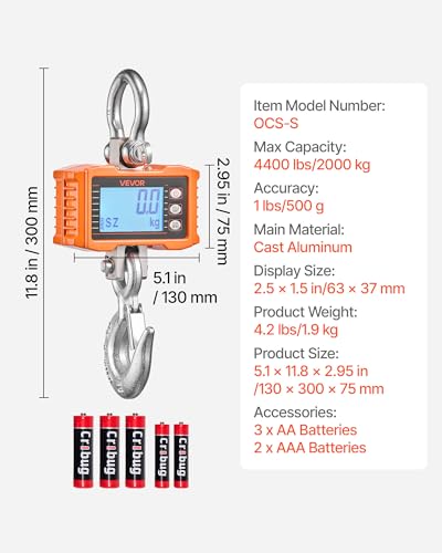 VEVOR Digital Crane Scale, 4400 lbs/2000 kg Max Capacity, Heavy Duty Industrial Hanging Scale with Cast Aluminum Case & LCD Display, 1 lbs Division & 3 Unit Switch, Remote Control for Garage Factory - style: 4400BLS