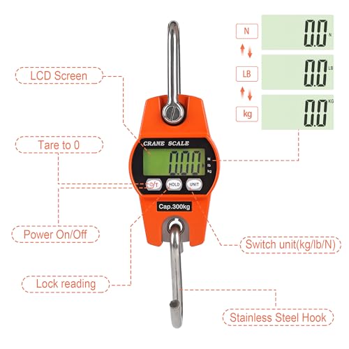 660lb/300kg Digital Crane Scale - Compact LCD Handheld Hanging Scale for Garage, Farm, Hunting, Fishing & More(300kg/Aluminium Alloy/Orange) - color: 300kg/Aluminium Alloy Shell/Orange