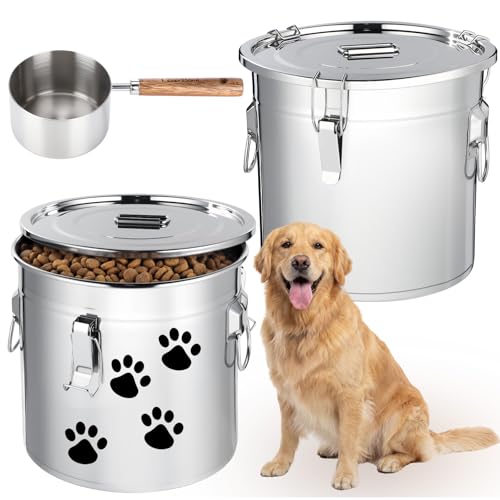 Lounsweer 2 Pack 5.5 Gal Stainless Steel Dog Food Storage Container with Lid and Locking Clamp 21 L Metal Airtight Container Large Stainless Steel Bucket with Food Scoop for Pet Feed - size: 21 L