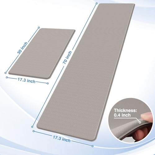StepRite Kitchen Mats, 2PCS Kitchen Rugs, Cushioned Anti Fatigue Kitchen Mats for Floor, Non-Slip Standing Desk Mat, Waterproof Kitchen Rug Set for Kitchen, Floor, Office, 17.3"x30"+17.3"x70", Khaki - color: Khaki, size: 17.3" x 30"+17.3" x 70"-0.4 inch