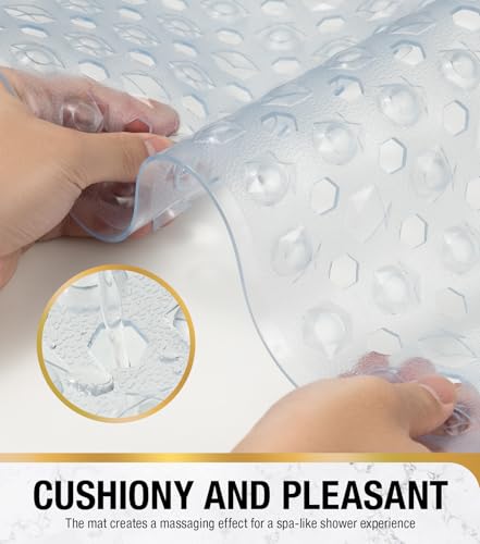 HITSLAM Non Slip Shower Mat, Square Bathtub Mat, 24x24 Inch, Clear | Diamond Textured PVC Bath Mat With Suction Cups, Shower Stall Mat with Center Drain Hole, Strong Grip, Machine Washable - color: Clear