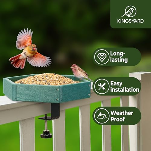 Kingsyard Clamp-On Deck Bird Feeder for Balcony Railings, No Drill | Recycled Poly Lumber, Weather Resistant, Mesh Tray for Airflow & Drainage, Fits Railings up to 2.2 in - color: Green