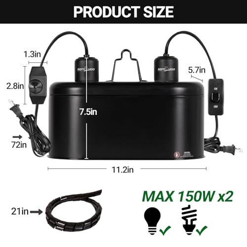 REPTI ZOO Dual Reptile Light Fixture with Dimming, Deep Dome Reptile Heat Lamp Fixture, UVB Light Dual Fixture Lamp Cap for Reptile Terrarium Tank