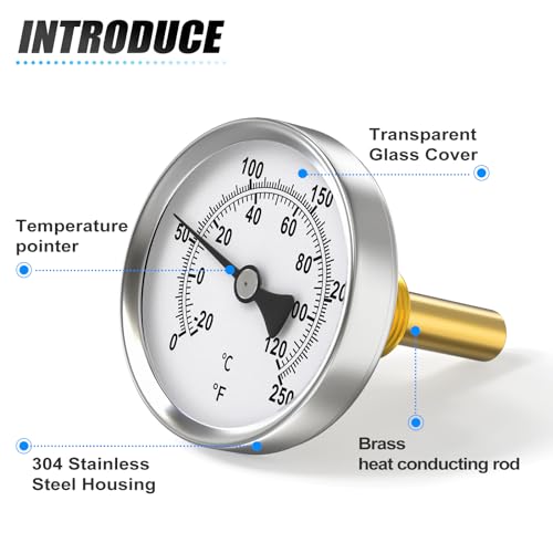 MEANLIN MEASURE 1/2" NPT Bimetal Thermometer, 2-1/2" Dial, 2-1/4" Brass Stem, Accuracy 2%, Center Back Mount, Temperature Range 0-250°F/-20-120°C for Hot Water, Boilers and Pipes - color: 0-250°F, size: 2-1/4" Rod (Center Back Mount)