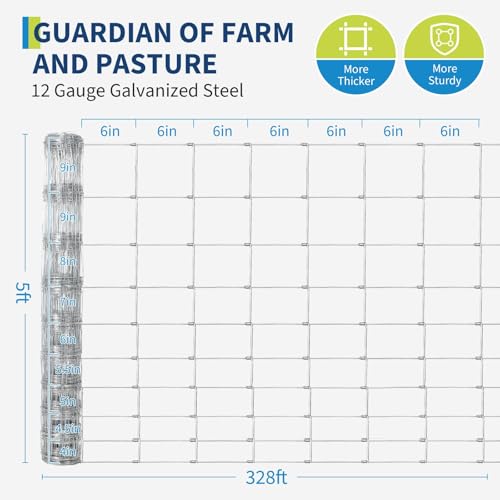 Garvee 5FT x 328FT Heavy Duty Farm Fence, Galvanized Wire Livestock Fencing for Goats, Cattle & Deer, High-Zinc Field Fence Roll for Yard, Pasture & Ranch Protection - size: 5ft x 328ft