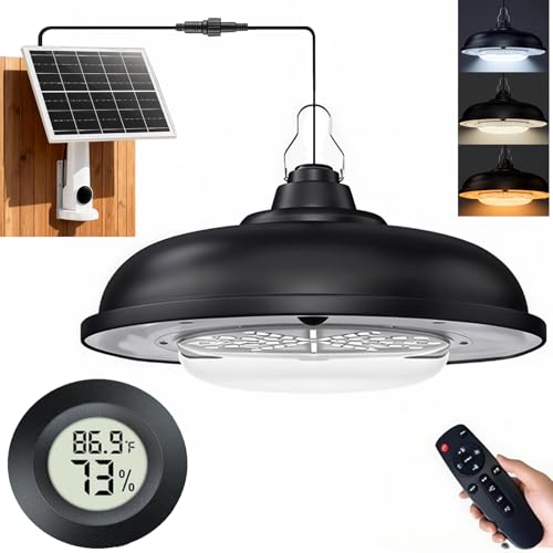 Solar Light & Thermometer Hygrometer Set | 3 Color Dimming Hanging Lamp with Remote Control & Dusk to Dawn | Waterproof for Shed Chicken Coop Gazebo Garage Greenhouse - size: Without pulleys