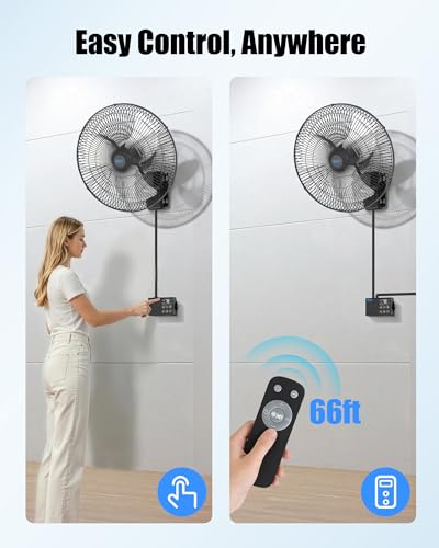 20" Wall Mounted Fan with Thermostat & Remote, Oscillating Fan | Wall Mount Fan, 1-18H Timer, 3-Speed 4750 CFM High Velocity Industrial Wall Fan for Garage, Farm, Patio, Workshop, Barn - size: 20 inch