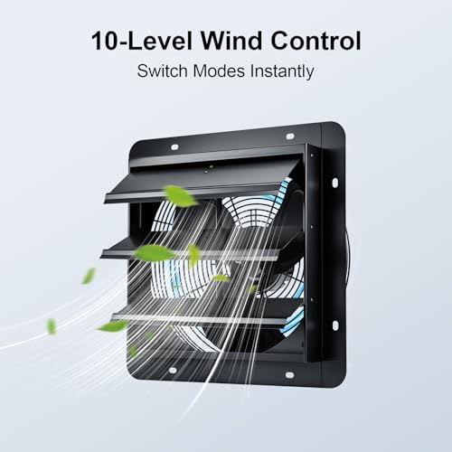GROWNEER 14 Inch Shutter Exhaust Fan with Temperature Humidity Controller, 1700 CFM Remote Control Attic Fan, 10-Speed Adjustable Wall Mount Vent Fan for Green House, Garage, Shed, Attic - style: 14 Inch with Temperature Humidity Controller