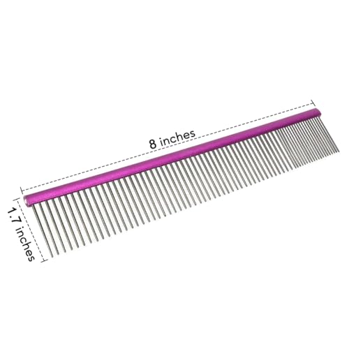Pet Comb 8 inches Comfortable Grooming Comb with Different-Spaced Rounded Stainless Steel Teeth, Easy Grip and Convenient Grooming for Pets Dog Cat with Medium Coarse Fur - Purple | Easy Grip and Convenient Grooming for Pets Dog Cat with Medium Coarse Fur