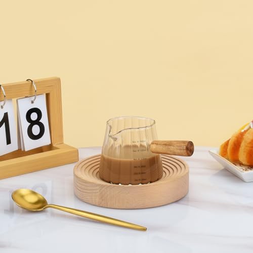 Glass Measuring Cup, 6oz Creamer Pitcher with Wood Handle | Creative Milk Frothing Pitcher Creamer Shot Glass (Transparent) - color: Transparent
