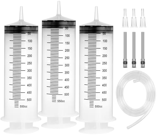 3 Pack 550ml Syringes with 55.1 Inch Tube and Needle 8G 1.5”, Sterile Syringe Individually Packaged for Labs, Liquid Measuring, Feeding Pets,Oil, Glue - style: 550ml